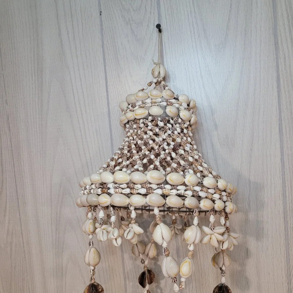 Handmade Vintage Cowrie Shell Hippie Bohemian Swag Plant Hanger White Brown